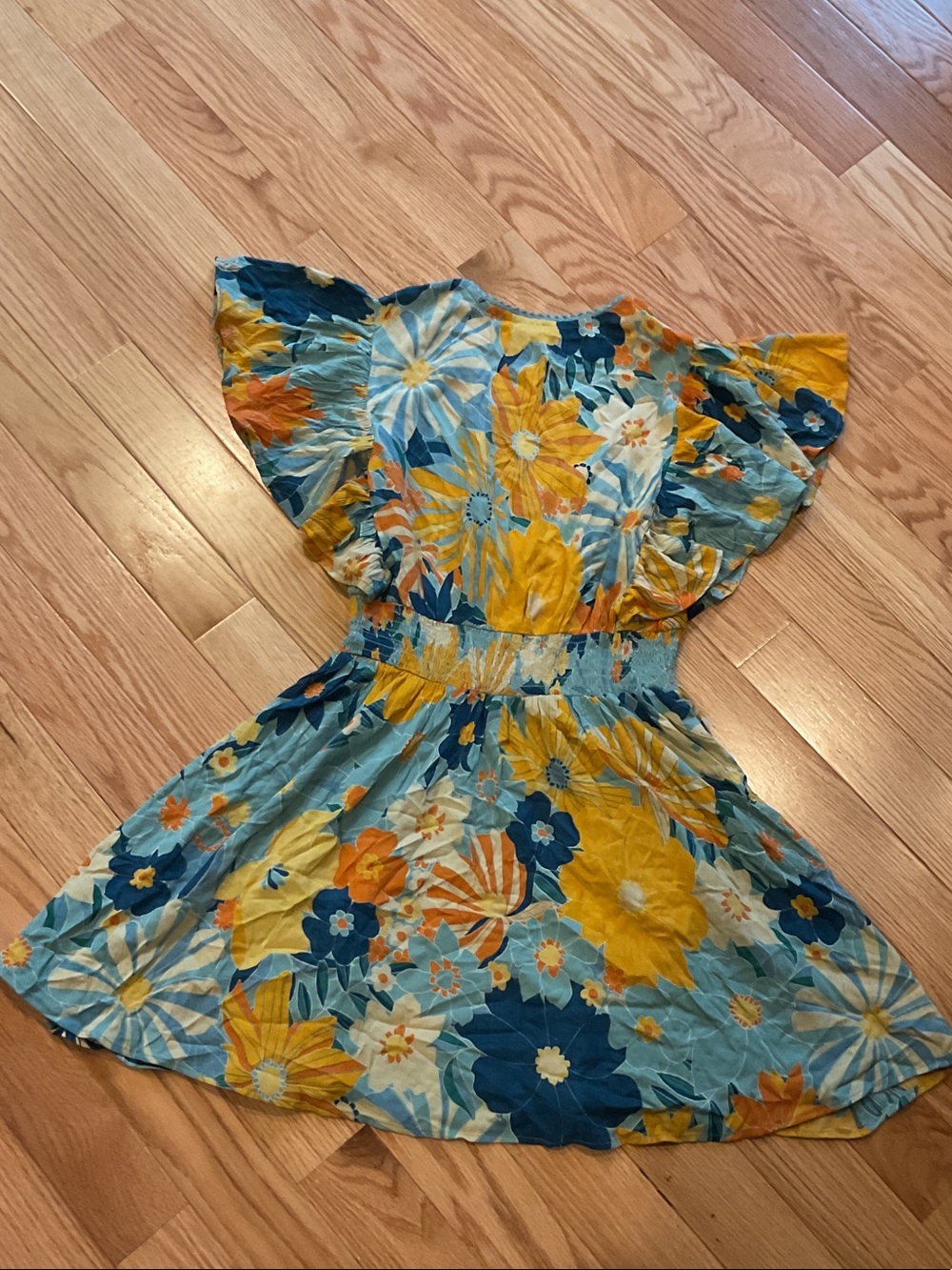 Angie Blue & Yellow Floral V-Neck Smocked Mini Dress Anthropologie Medium boho - Picture 10 of 14